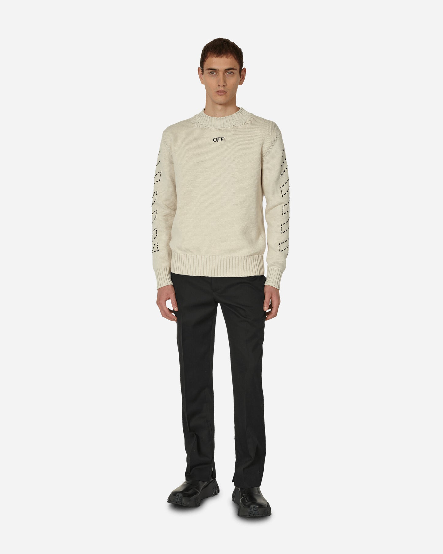 Off-White Stitch Arrows Diags Knit Crewneck Beige/Black Knitwears Sweaters OMHE172F23KNI001 6110